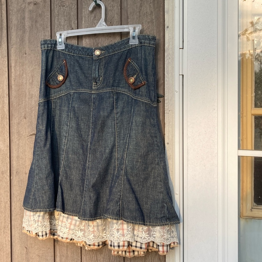 Boho IN LOOK JEANS Skirt Denim Blue Brown Cream Plaid Lace Ruffle Size 12 EU42 - Picture 3 of 14